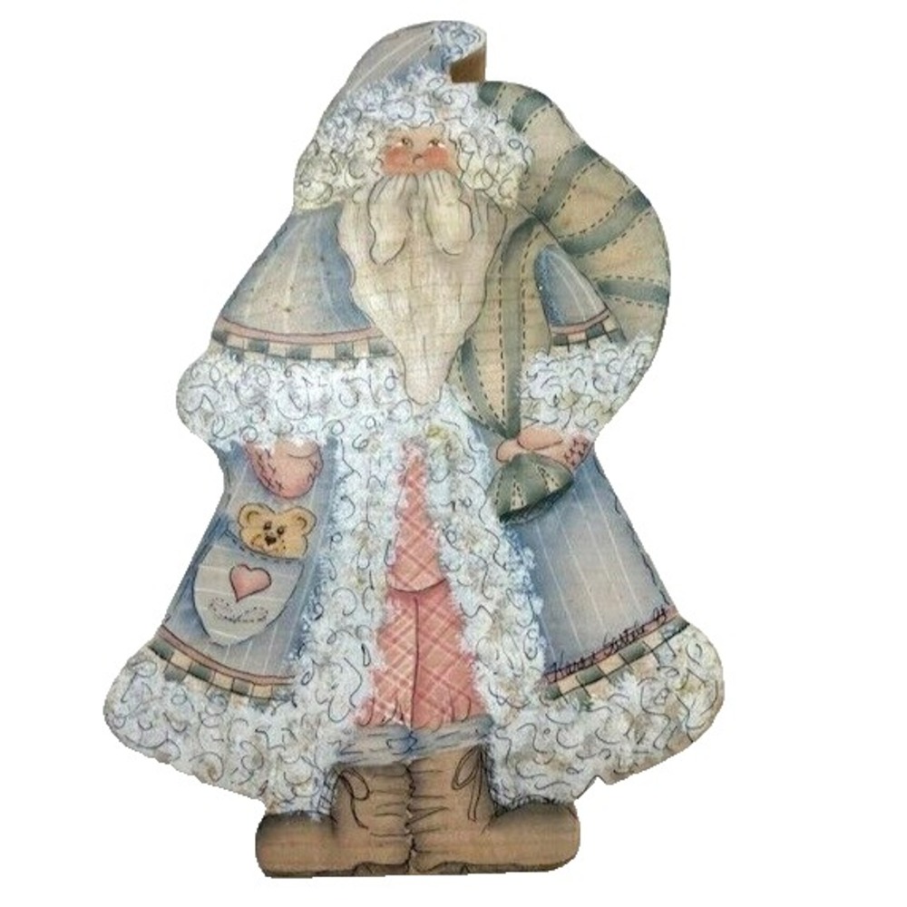 Vintage Painted Pastel Wood Santa‎ Cut Out Folk Country Shelf Sitter Signed 8"